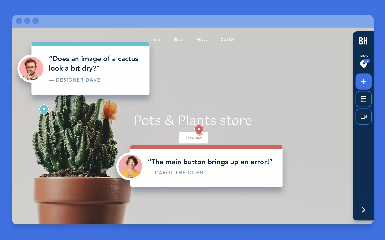 Interface BugHerd avec épingles visuelles et gestion de tâches