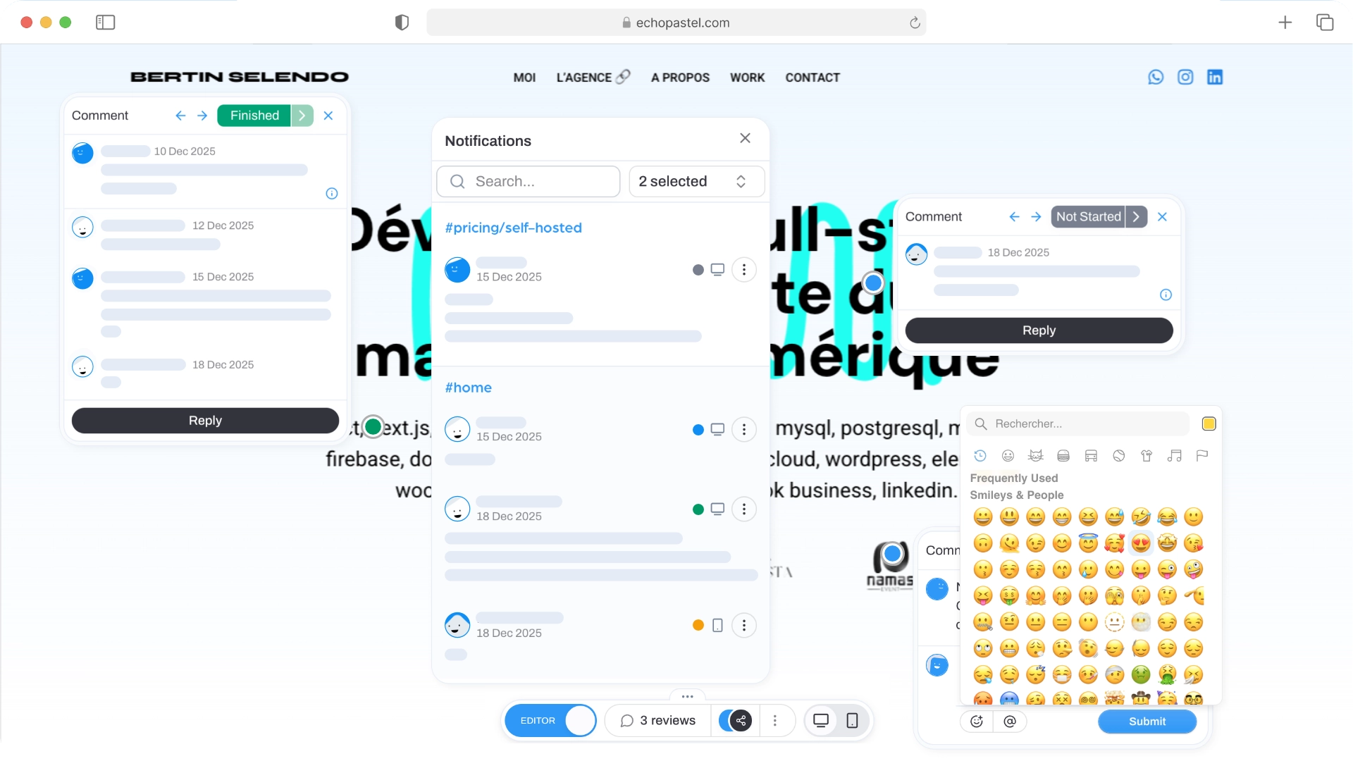 Tableau de bord EchoPastel montrant les annotations visuelles et les fonctionnalités de collaboration