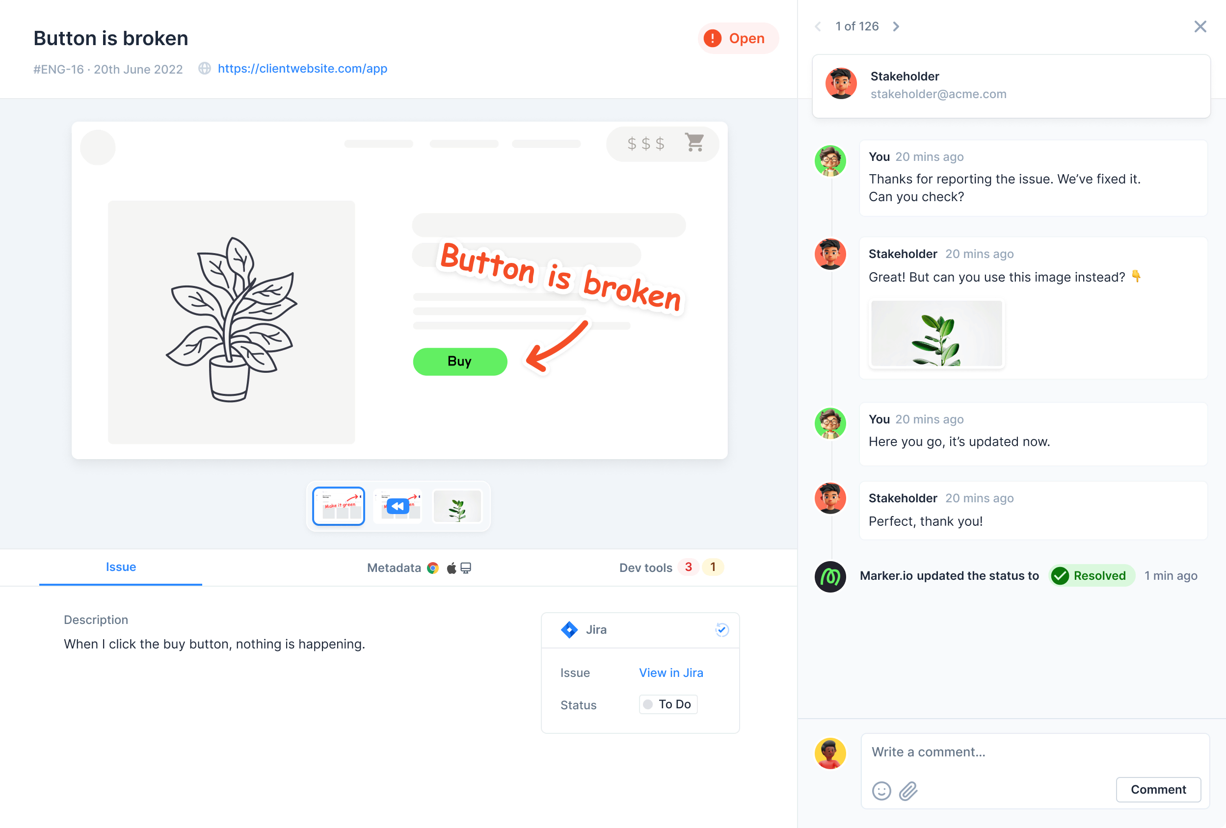Interface Marker.io montrant les annotations et l'intégration de suivi de bugs