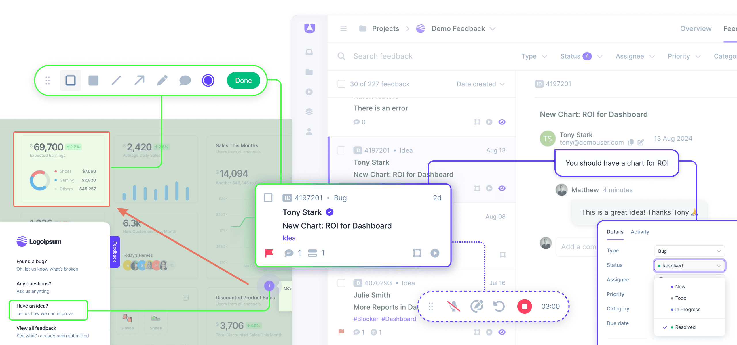 Interface Userback avec annotations et fonctionnalités de feedback vidéo